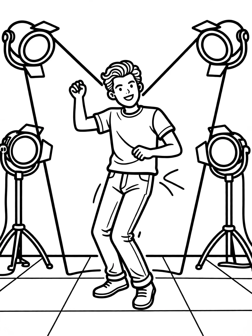 Shawn Mendes dancing on a stage with spotlights and fun outfits.