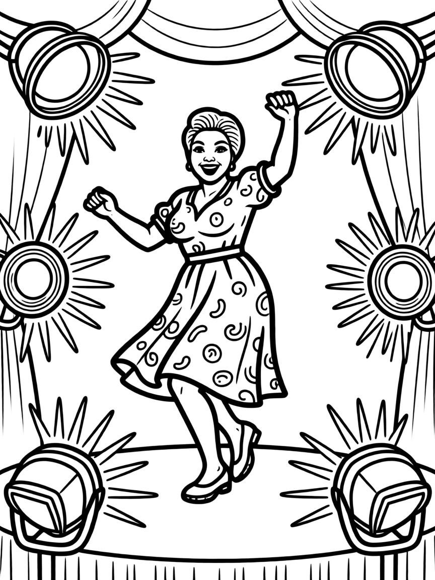Oprah Winfrey dancing on a stage with spotlights and fun outfits.