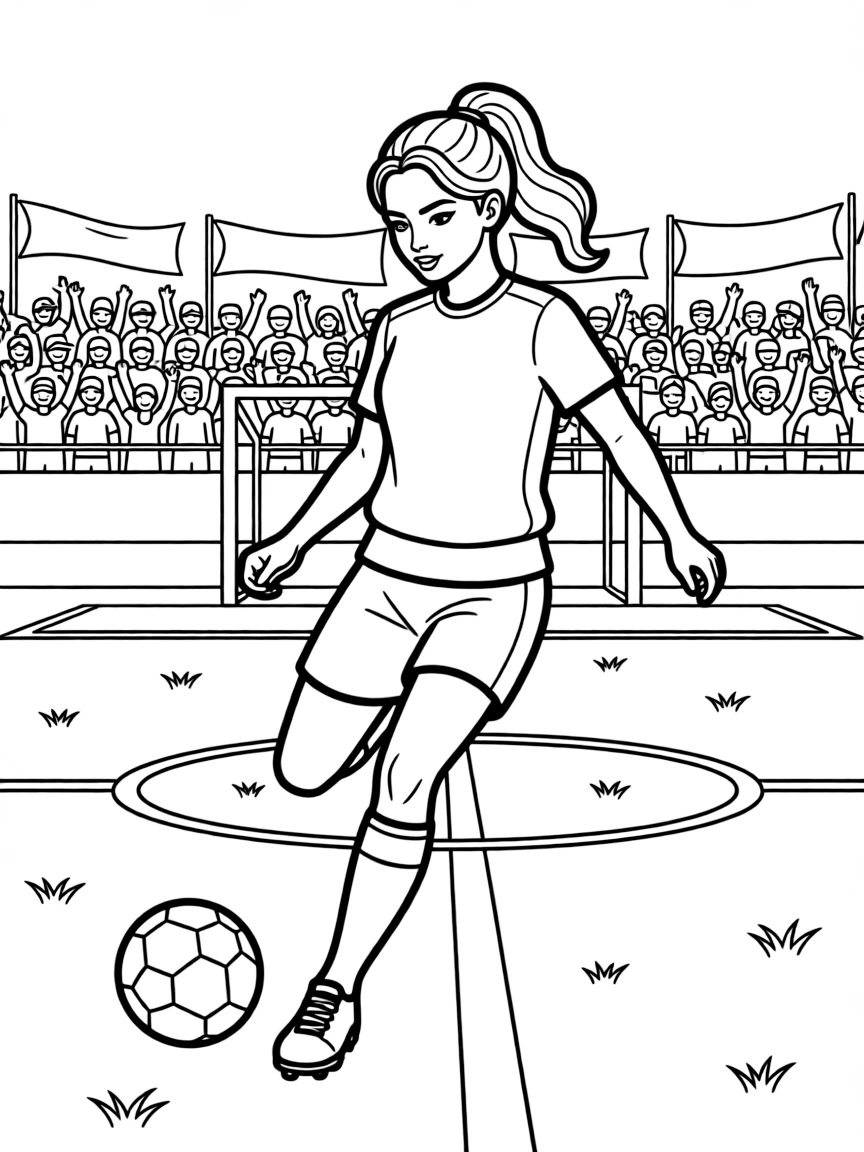 Kylie Jenner playing soccer on a field with cheering fans in the stands.