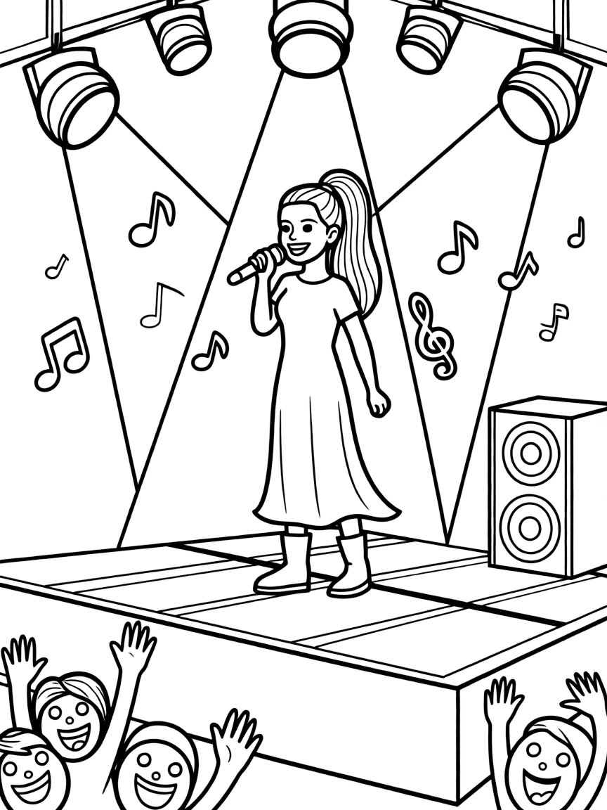 Ariana Grande singing on a big concert stage with musical notes and lights.