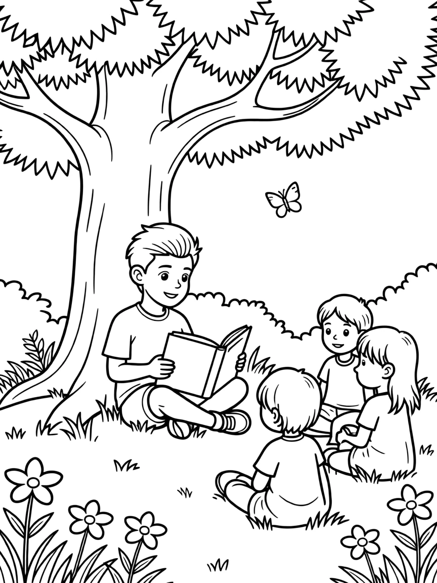 Neymar Jr. reading a storybook to children under a tree.