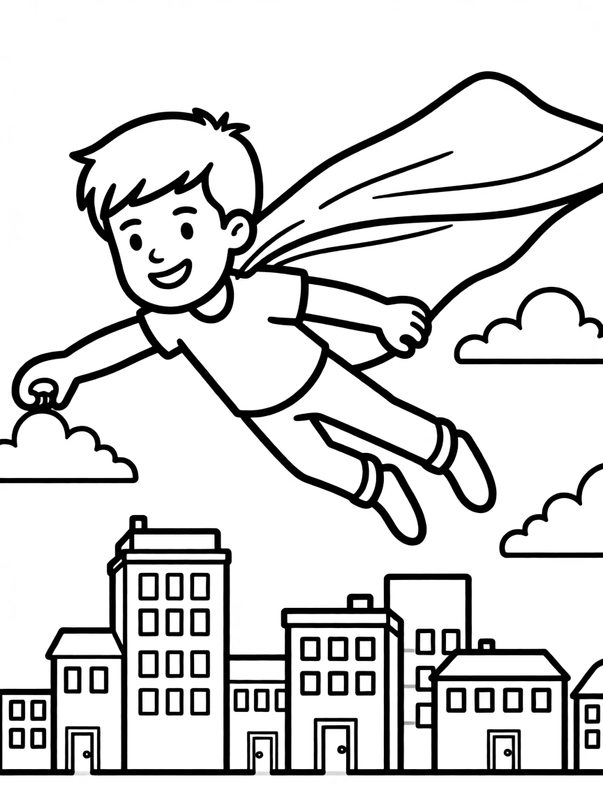MrBeast wearing a superhero cape and flying over a cityscape.