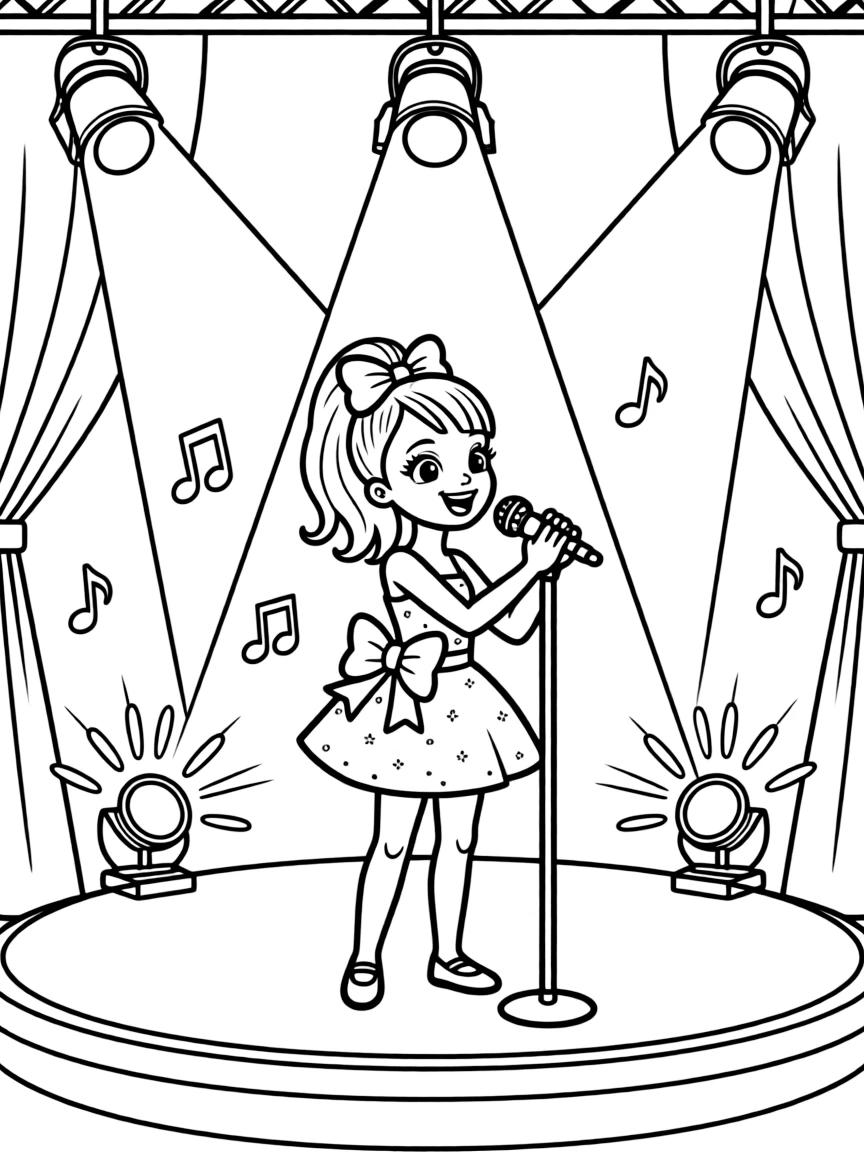 JoJo Siwa singing on a big concert stage with musical notes and lights.