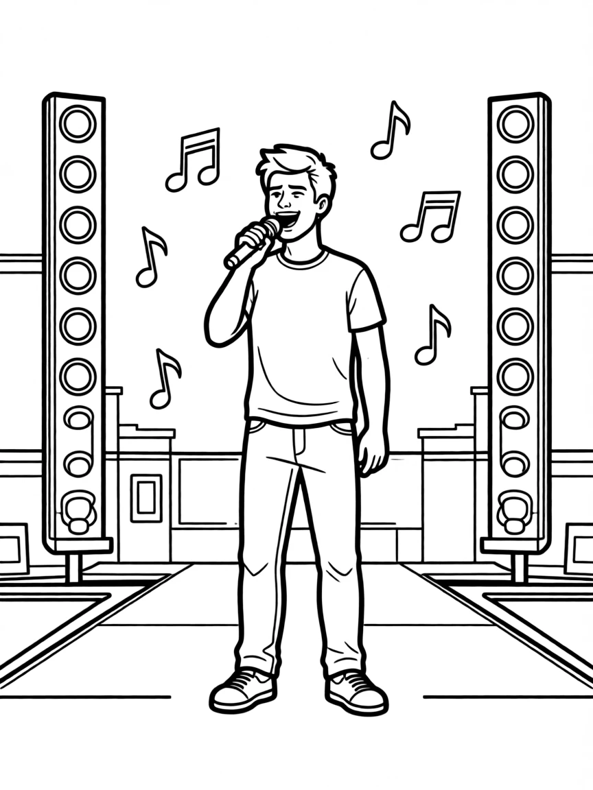 MrBeast singing on a big concert stage with musical notes and lights.
