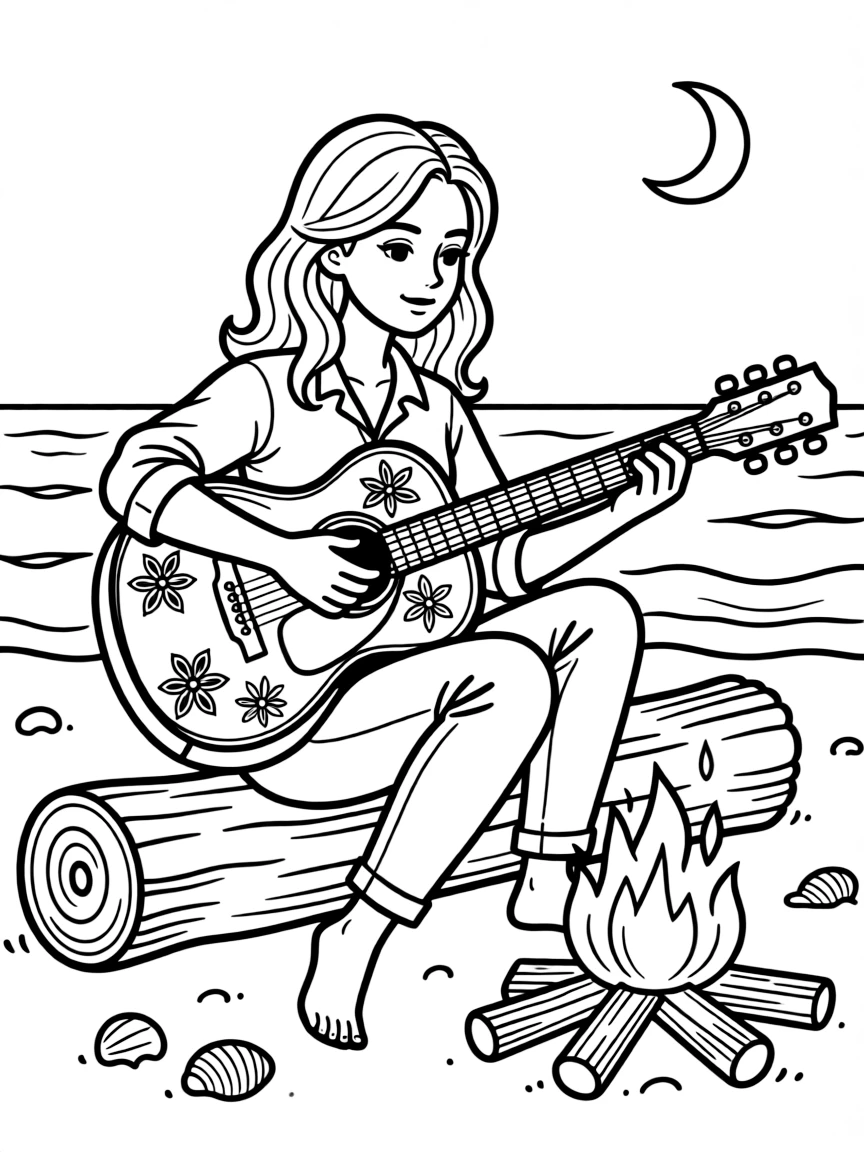 Blake Lively playing guitar at a beach bonfire.