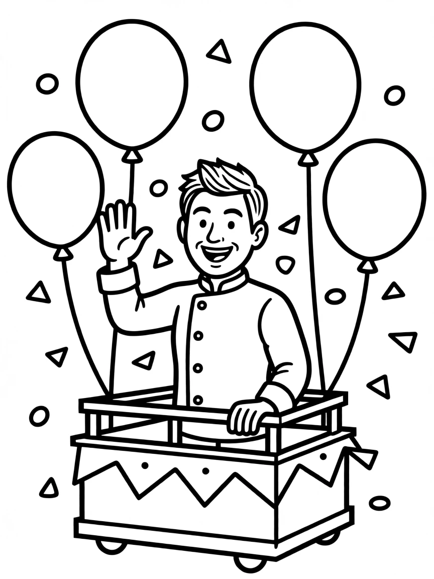 Gordon Ramsay waving from a parade float with balloons and confetti.