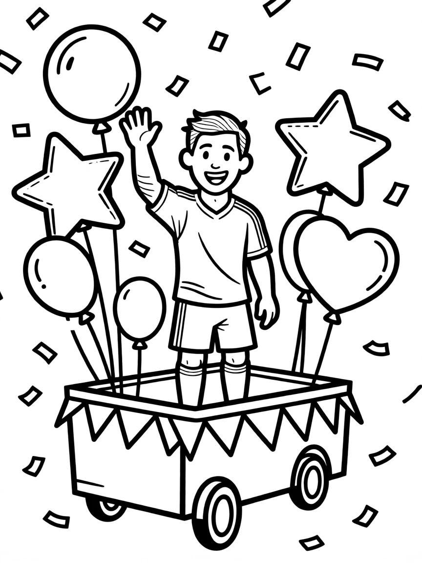 Lionel Messi waving from a parade float with balloons and confetti.