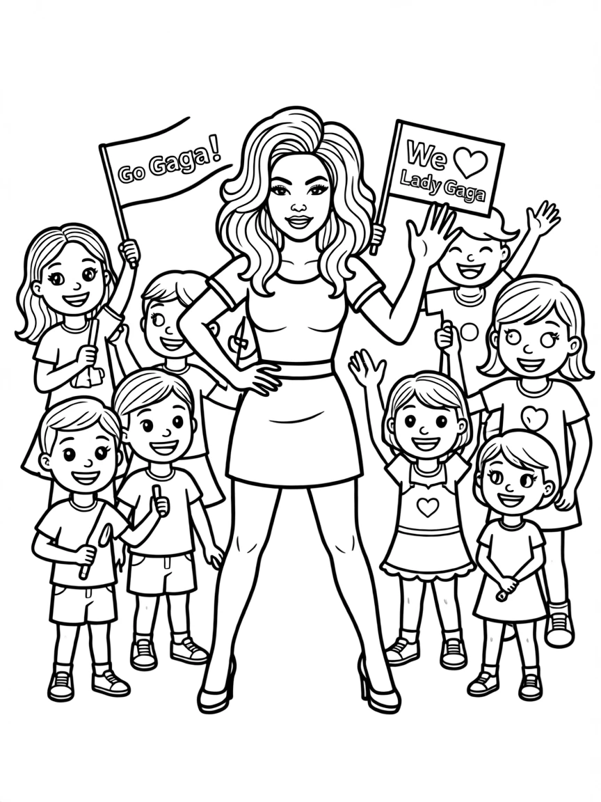 Lady Gaga posing with cartoon versions of their fans.