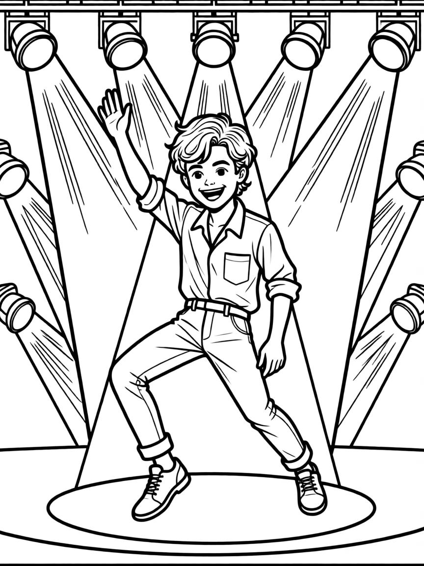 Harry Styles dancing on a stage with spotlights and fun outfits.
