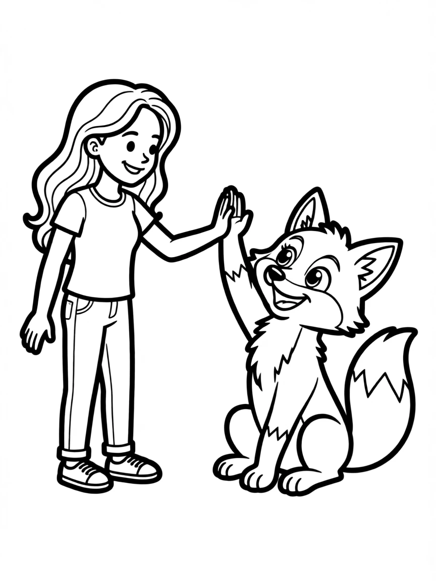 Katy Perry giving a high five to a cartoon animal friend.