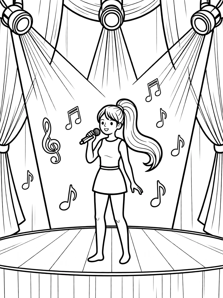Ariana Grande singing on a big concert stage with musical notes and lights.