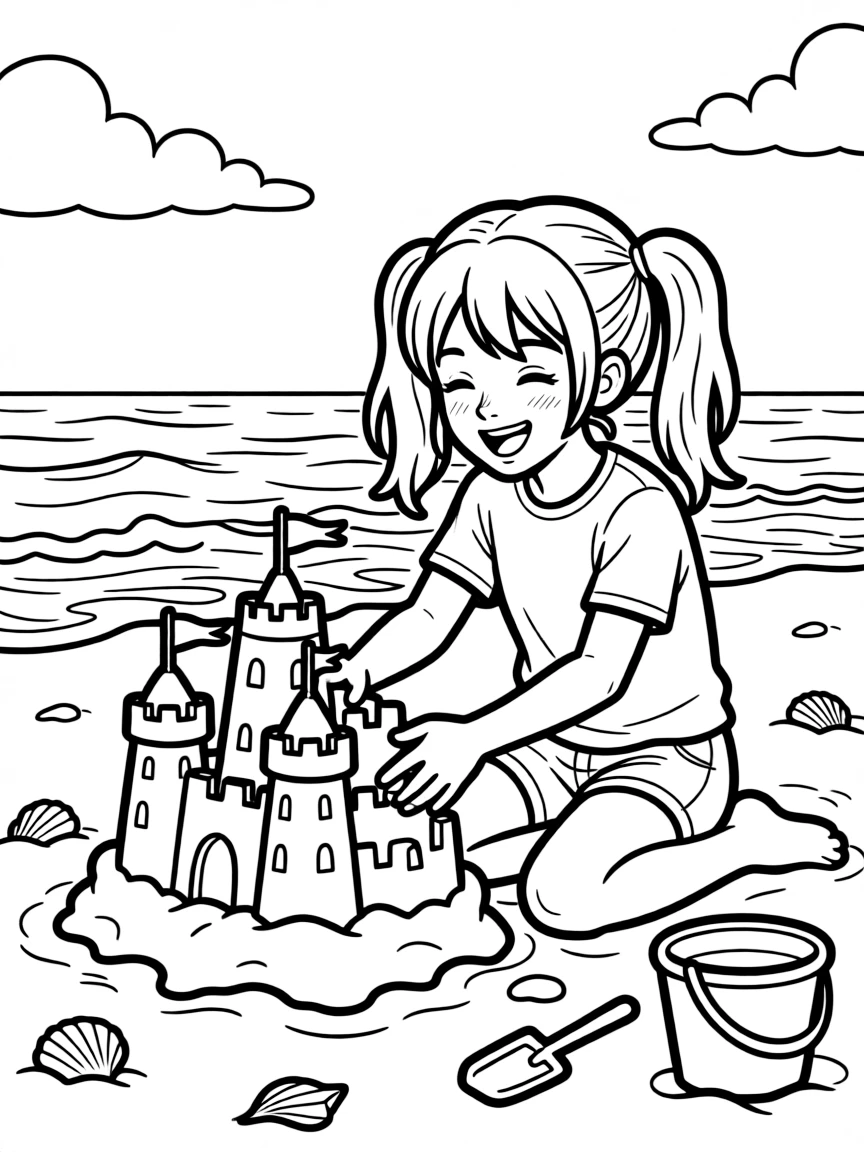 Billie Eilish building a sandcastle at the beach.