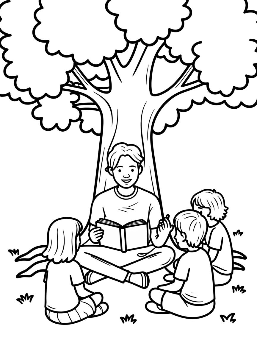 Bruno Mars reading a storybook to children under a tree.