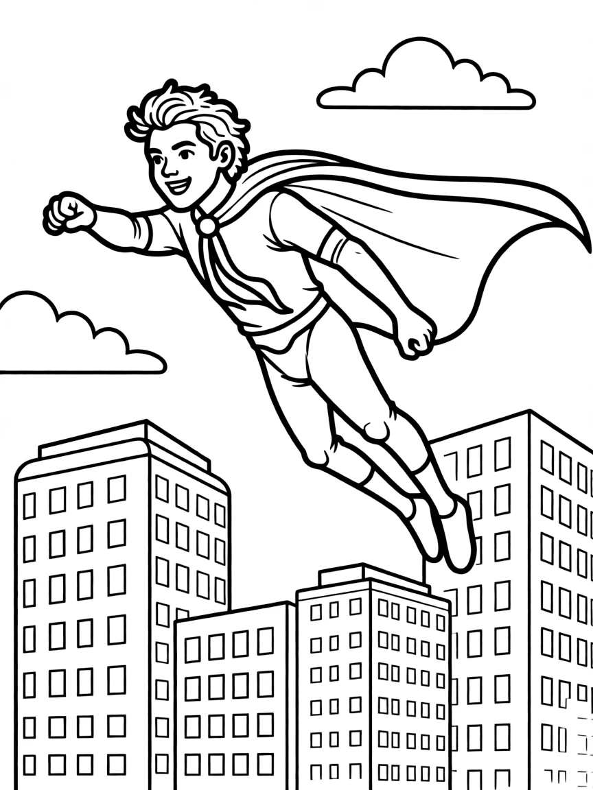 Harry Styles wearing a superhero cape and flying over a cityscape.