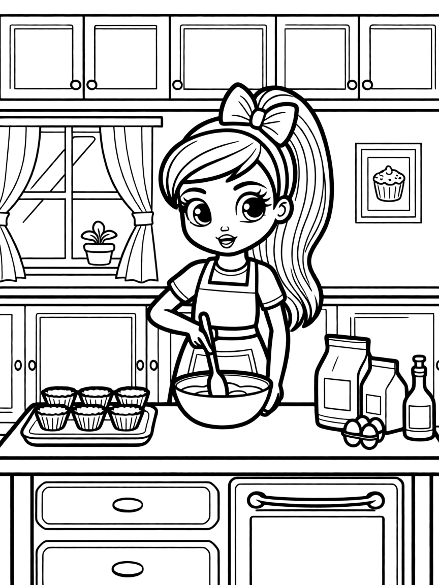 JoJo Siwa baking cupcakes in a colorful kitchen.