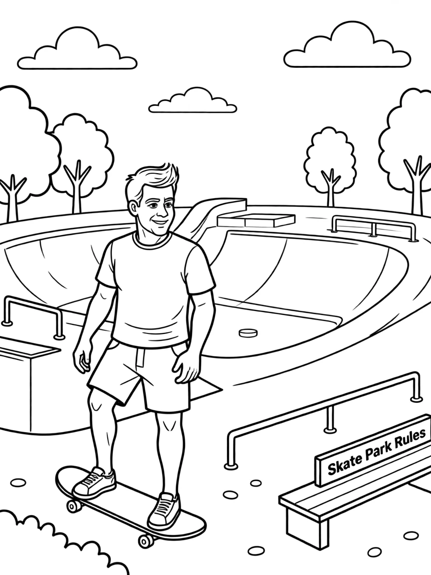 Gordon Ramsay skateboarding at a skate park.