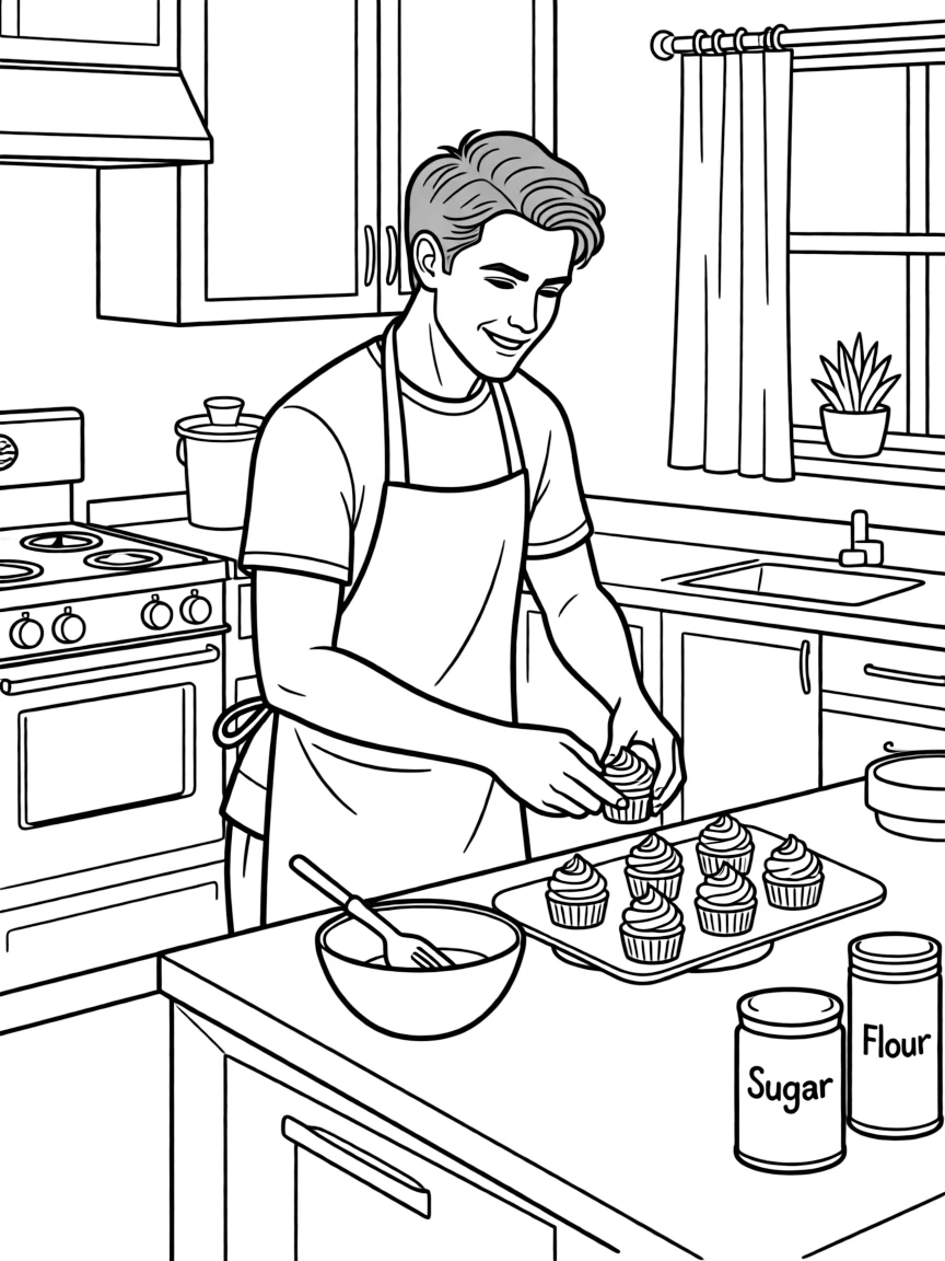 Tom Holland baking cupcakes in a colorful kitchen.