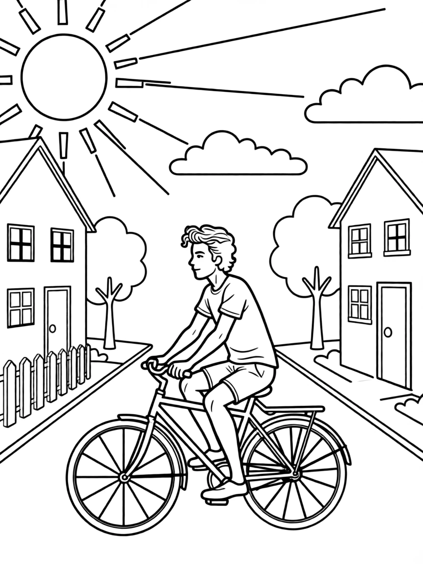 Harry Styles riding a bicycle through a sunny neighborhood.
