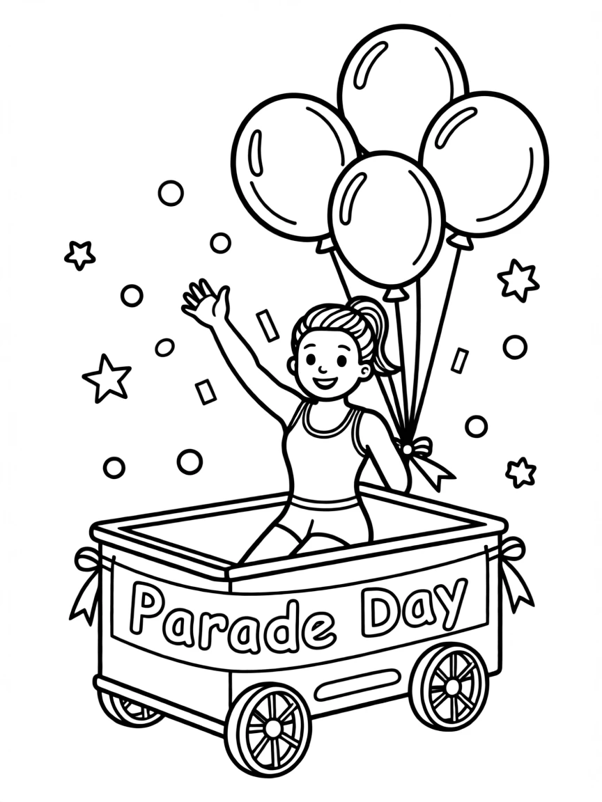 Simone Biles waving from a parade float with balloons and confetti.