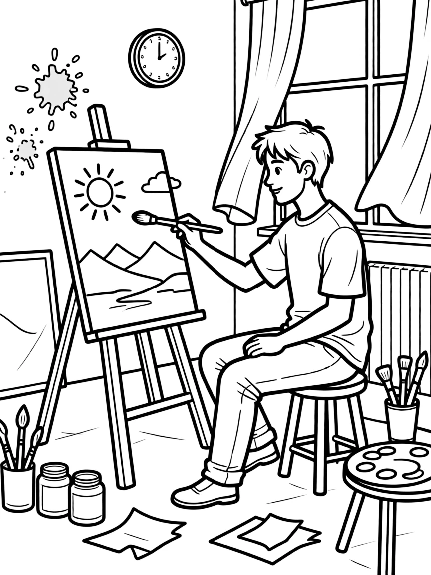 PewDiePie painting a picture at an art studio.