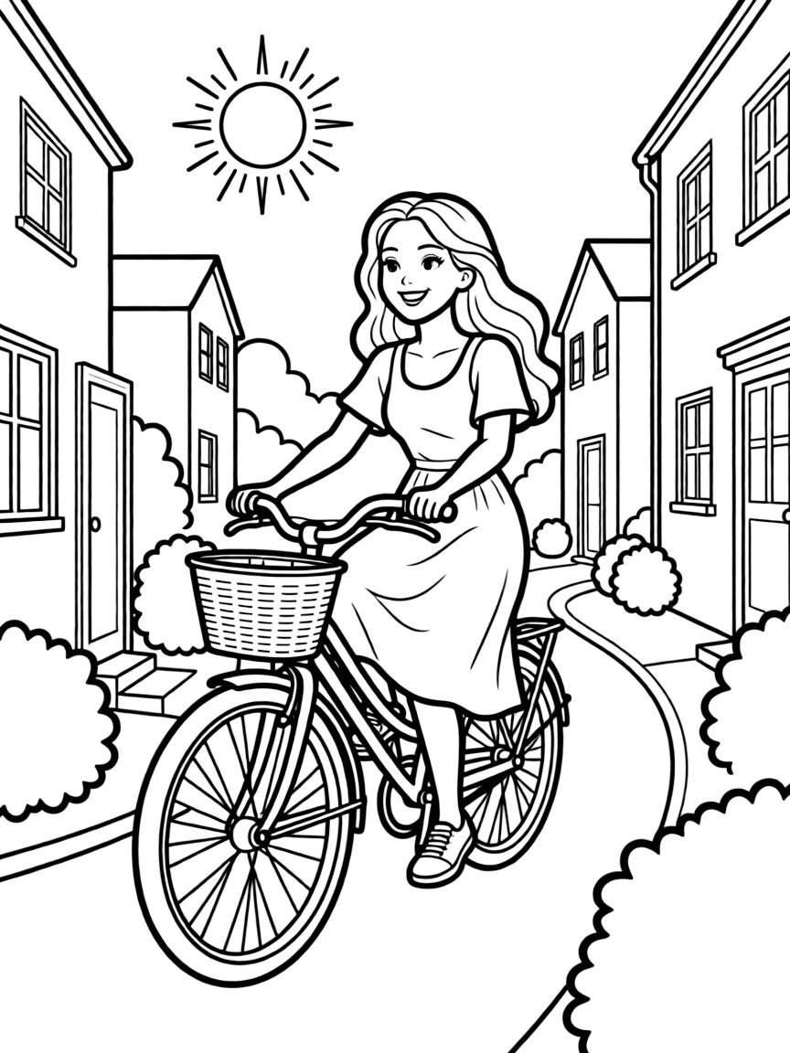 Shakira riding a bicycle through a sunny neighborhood.