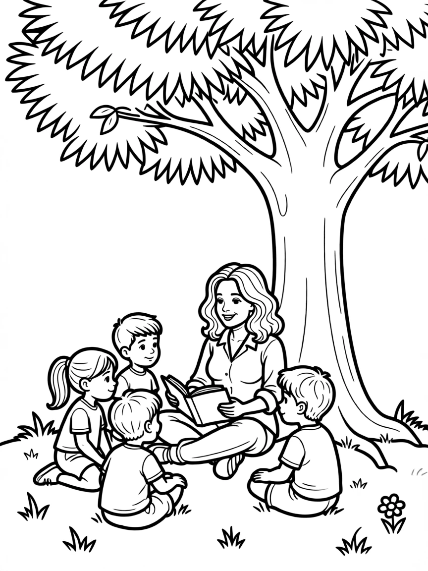 Jennifer Lopez reading a storybook to children under a tree.
