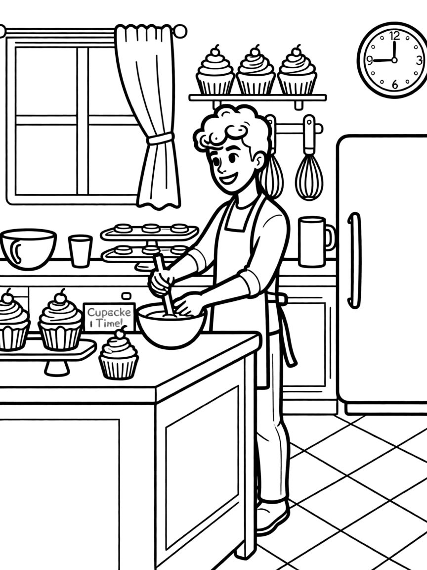 Bruno Mars baking cupcakes in a colorful kitchen.
