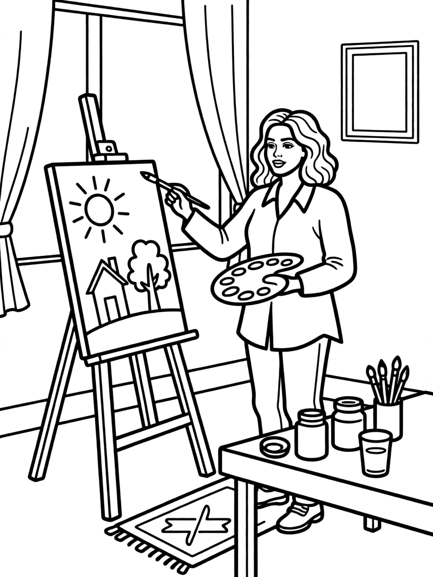 Lady Gaga painting a picture at an art studio.