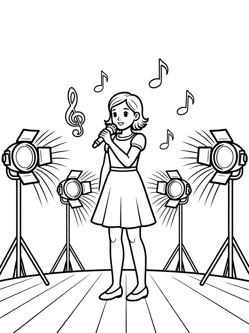 Camila Cabello singing on a big concert stage with musical notes and lights.