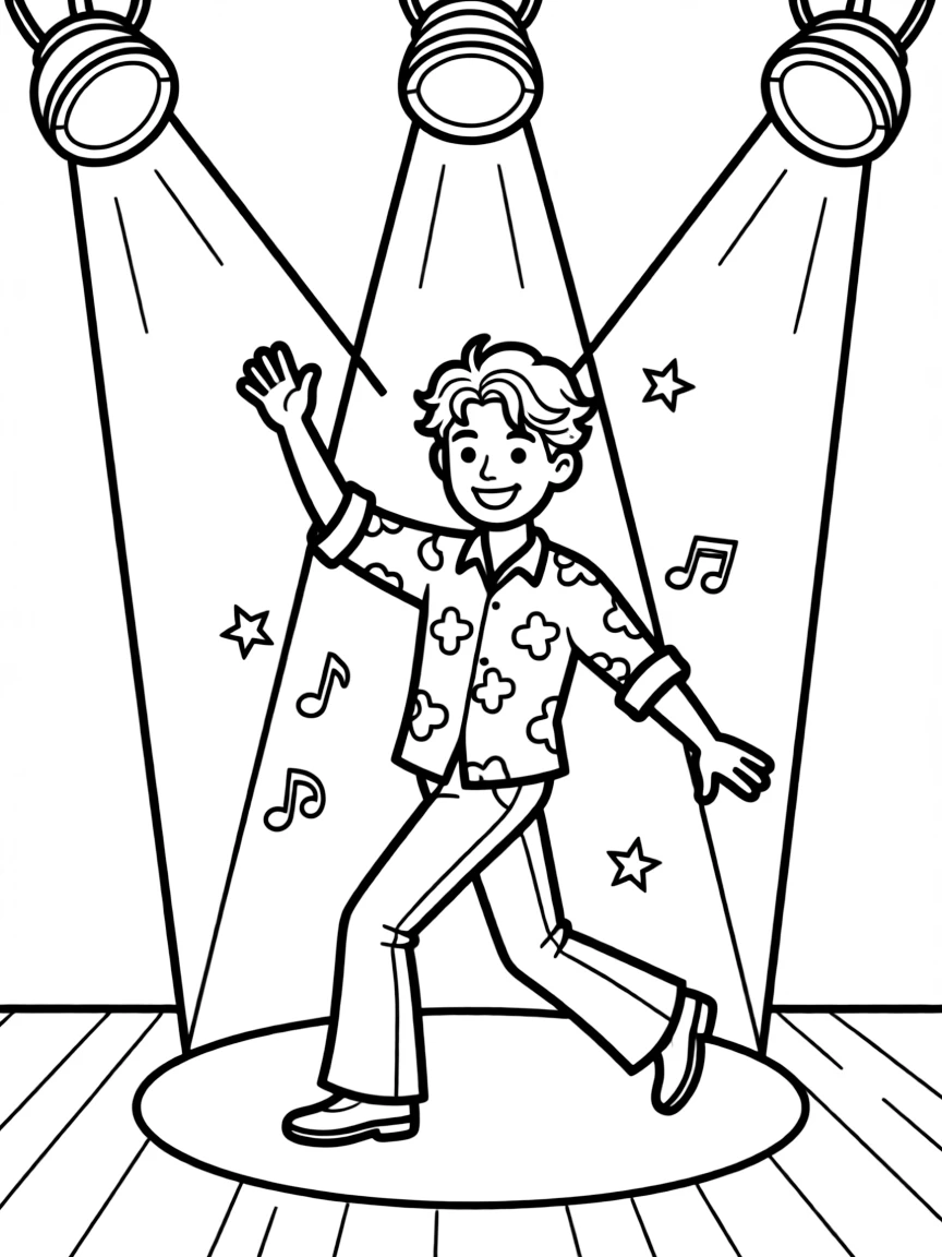 Timothée Chalamet dancing on a stage with spotlights and fun outfits.