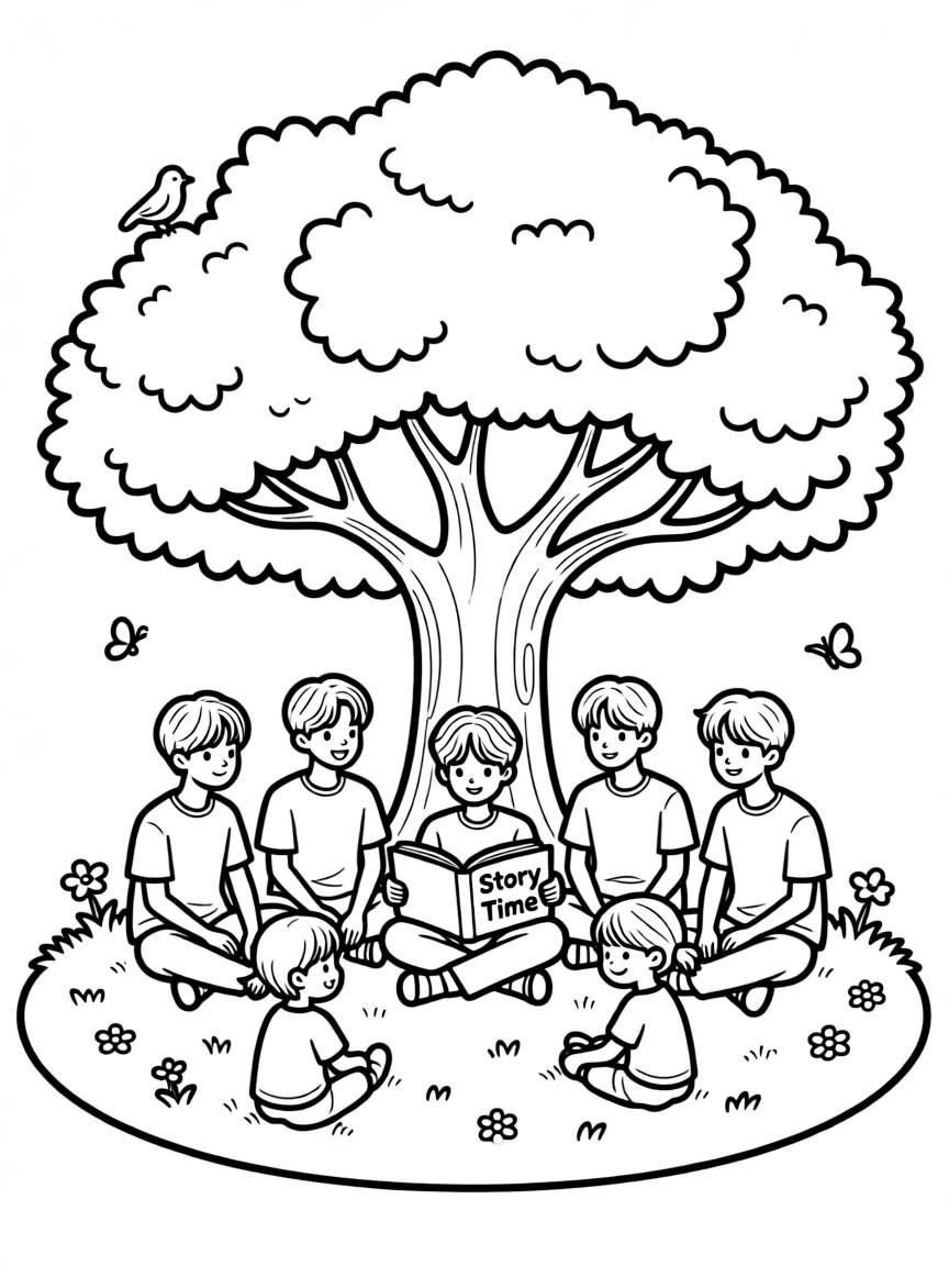 BTS Members reading a storybook to children under a tree.
