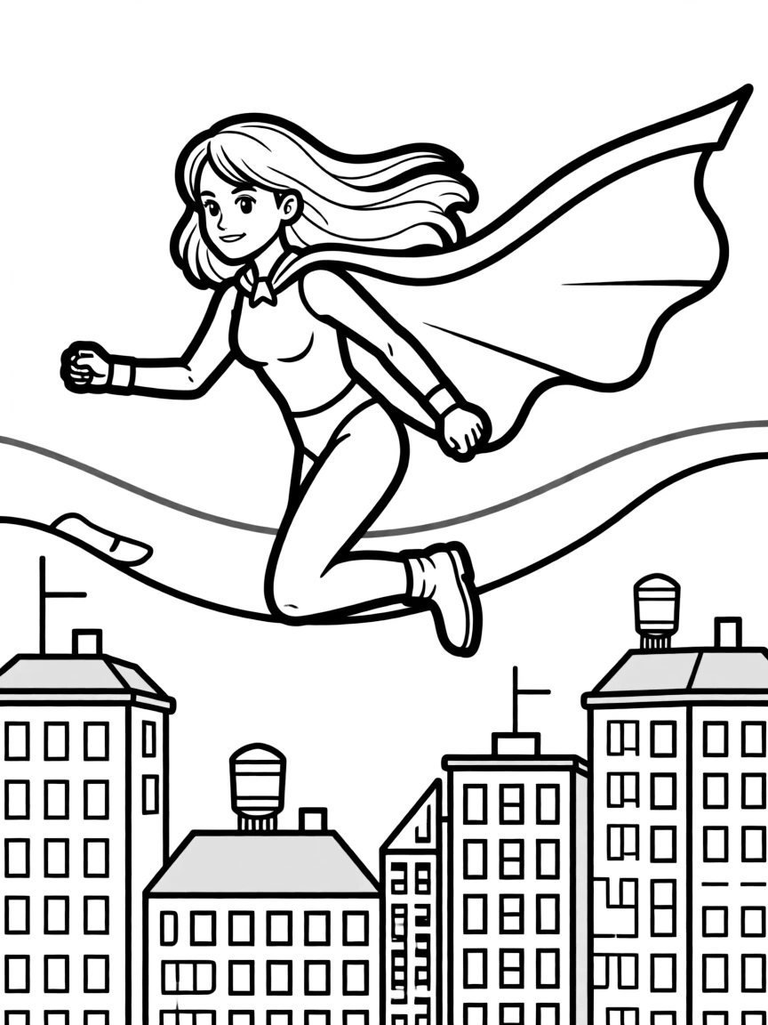 Doja Cat wearing a superhero cape and flying over a cityscape.