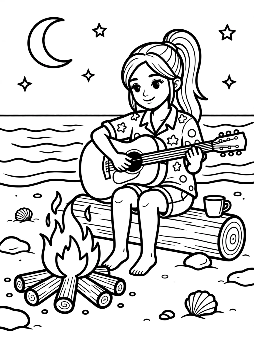Ariana Grande playing guitar at a beach bonfire.