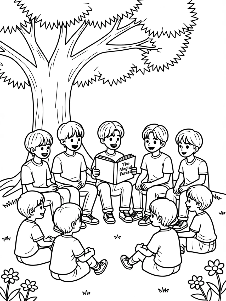 BTS Members reading a storybook to children under a tree.