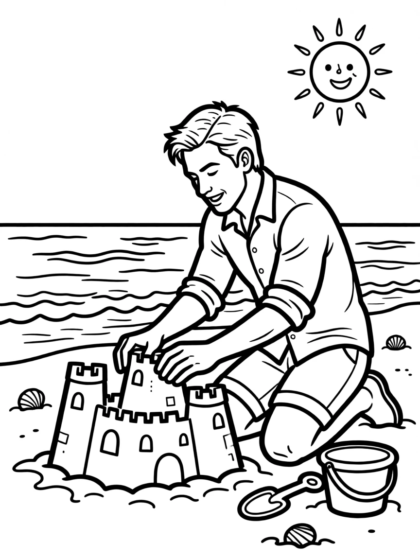Robert Downey Jr. building a sandcastle at the beach.