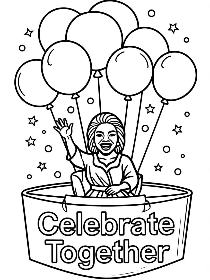 Oprah Winfrey waving from a parade float with balloons and confetti.