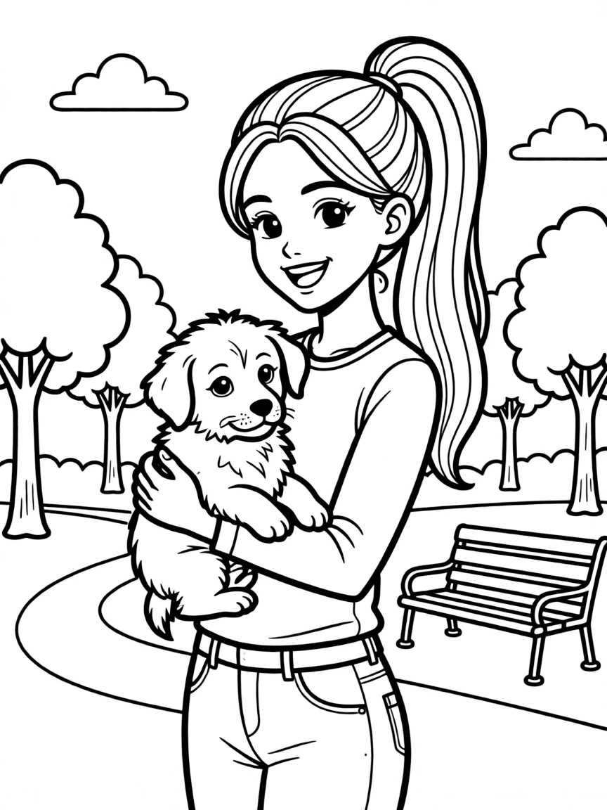 Ariana Grande smiling and holding a puppy with a park background.