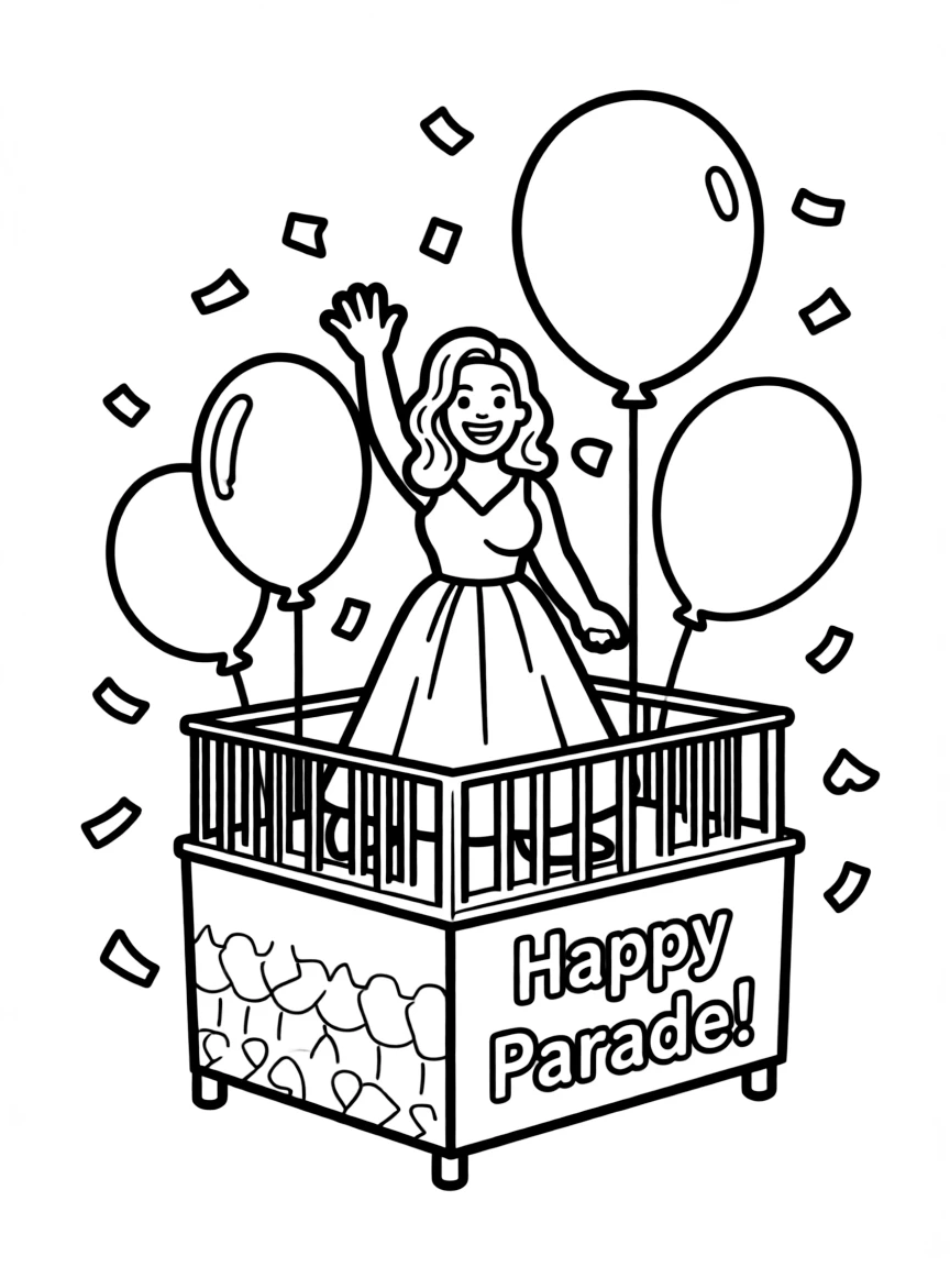 Lady Gaga waving from a parade float with balloons and confetti.