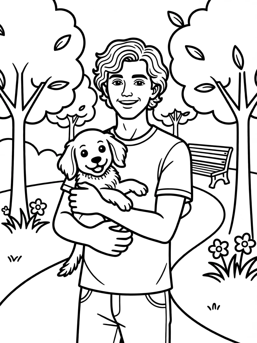 Timothée Chalamet smiling and holding a puppy with a park background.