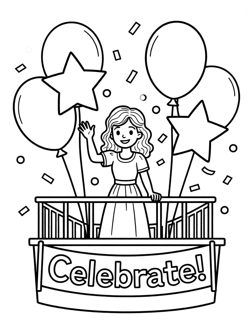 Anne Hathaway waving from a parade float with balloons and confetti.