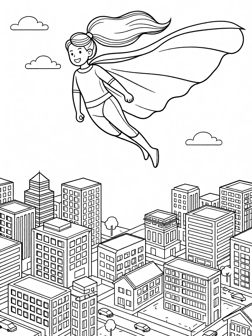 Ariana Grande wearing a superhero cape and flying over a cityscape.