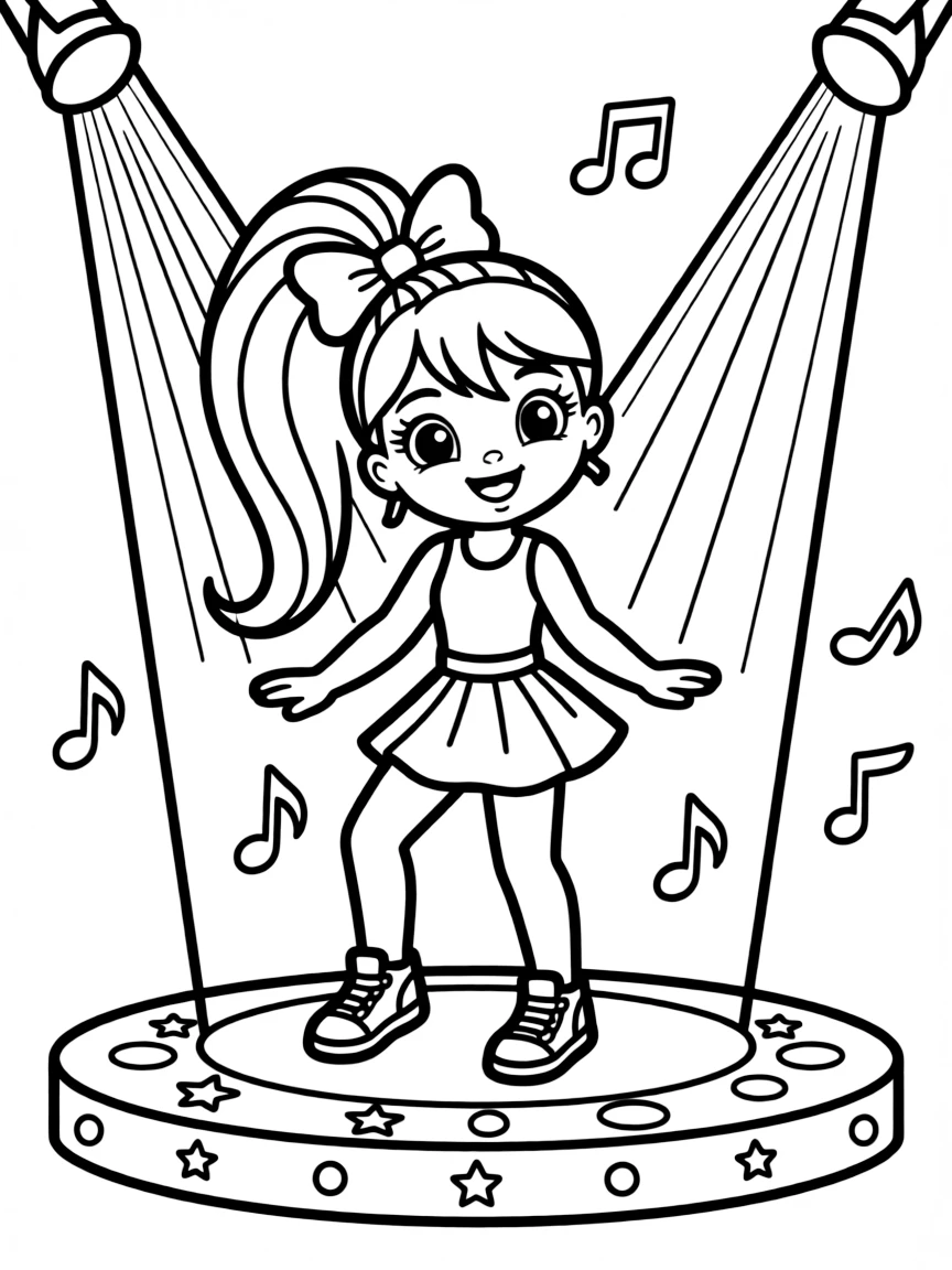 JoJo Siwa dancing on a stage with spotlights and fun outfits.