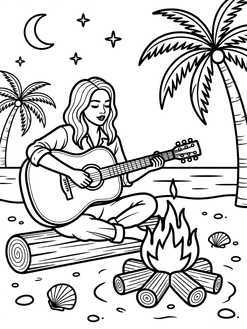 Lady Gaga playing guitar at a beach bonfire.