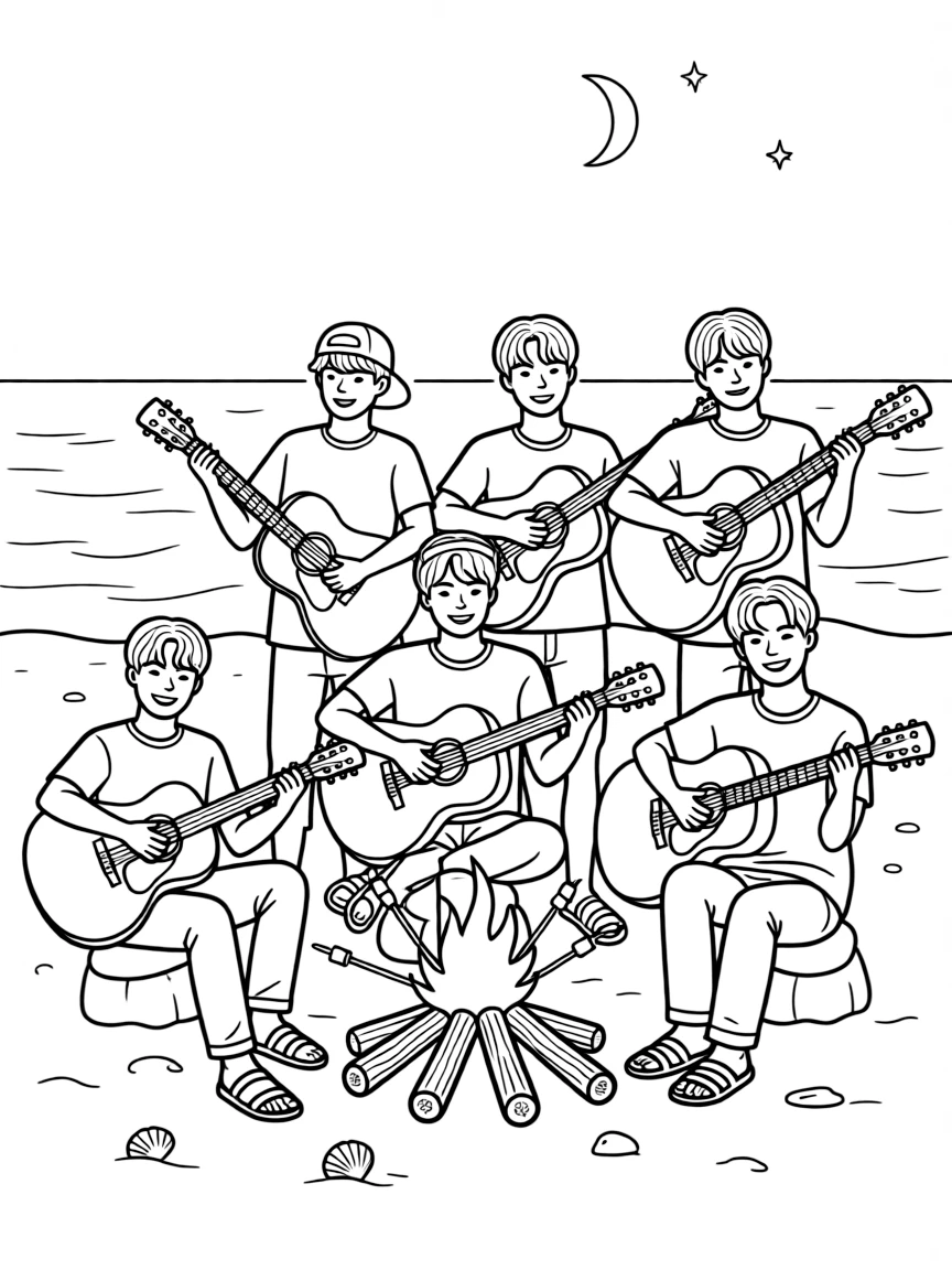 BTS Members playing guitar at a beach bonfire.