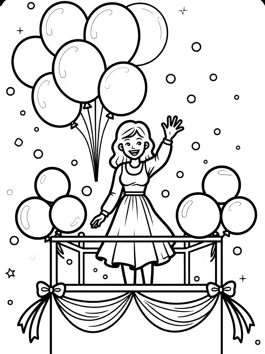 Lady Gaga waving from a parade float with balloons and confetti.