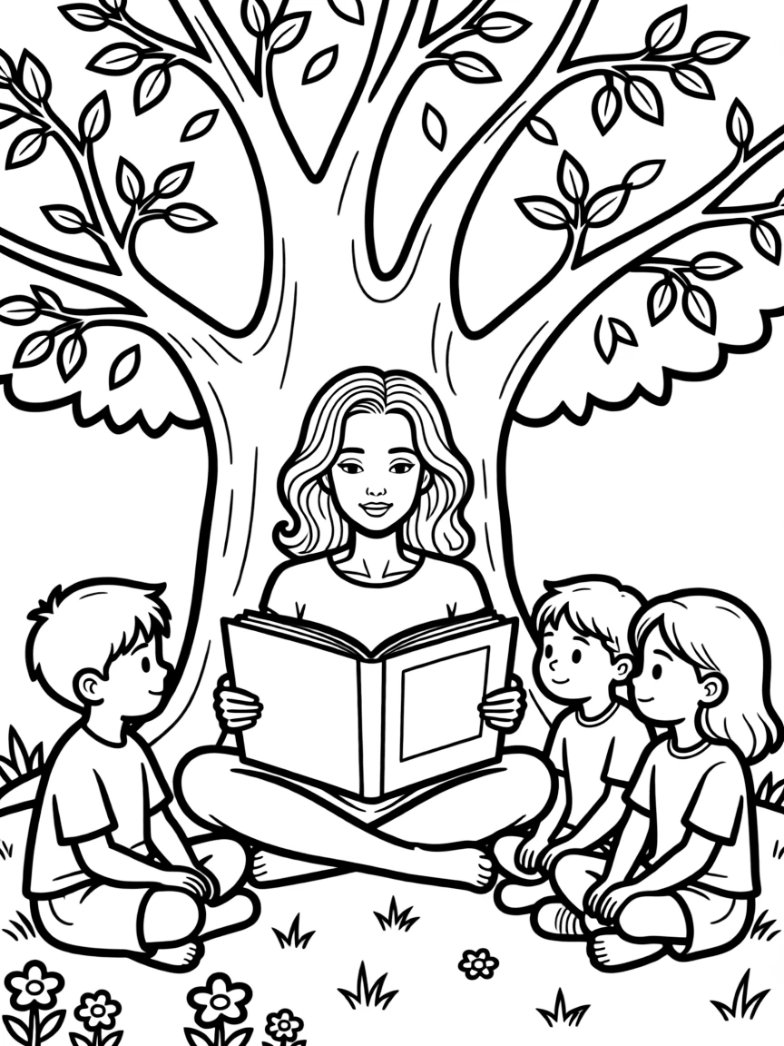 Angelina Jolie reading a storybook to children under a tree.
