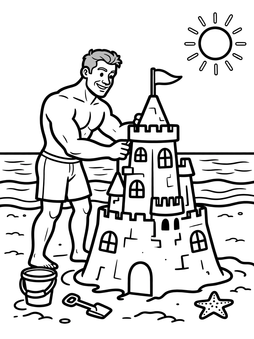 Dwayne Johnson building a sandcastle at the beach.