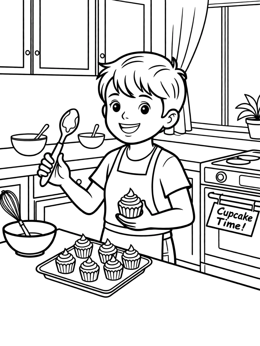 Shawn Mendes baking cupcakes in a colorful kitchen.