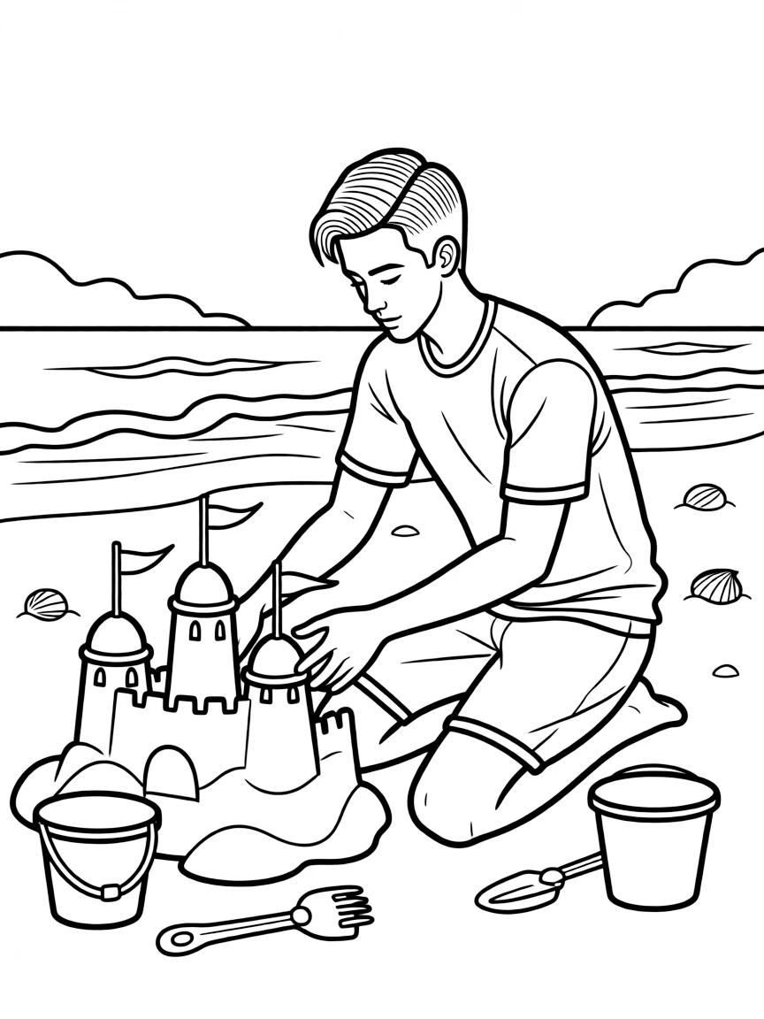 Zayn Malik building a sandcastle at the beach.