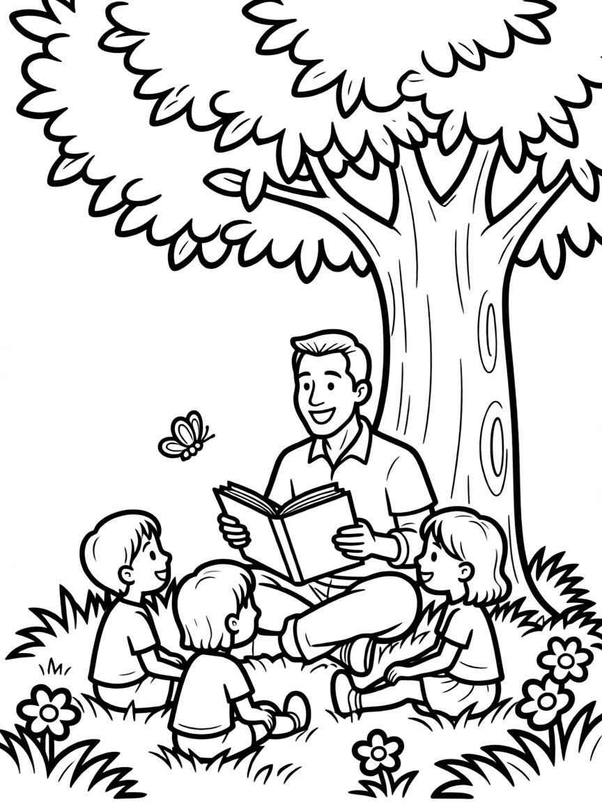Will Smith reading a storybook to children under a tree.